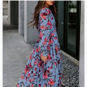 BLENCOT Womens Casual Floral Deep V Neck Long Sleeve Maxi Dress - SMALL